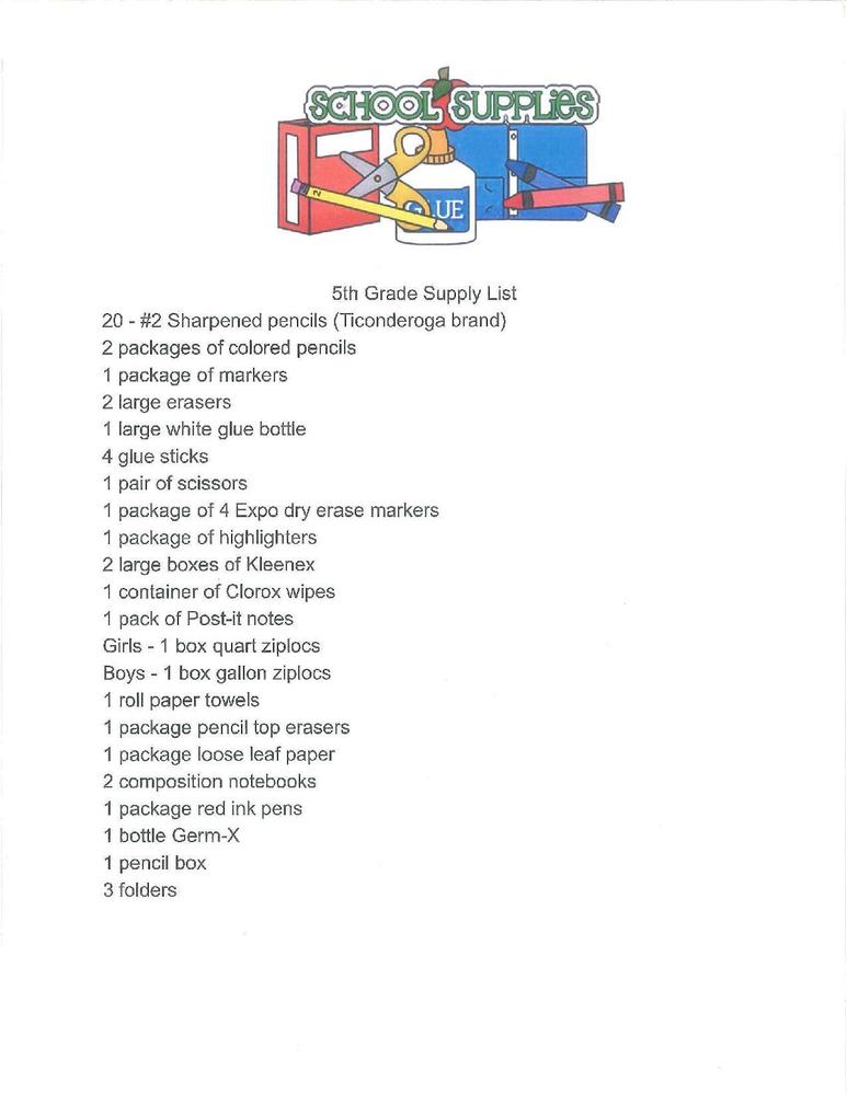 Fifth Grade Supply List 2019-2020