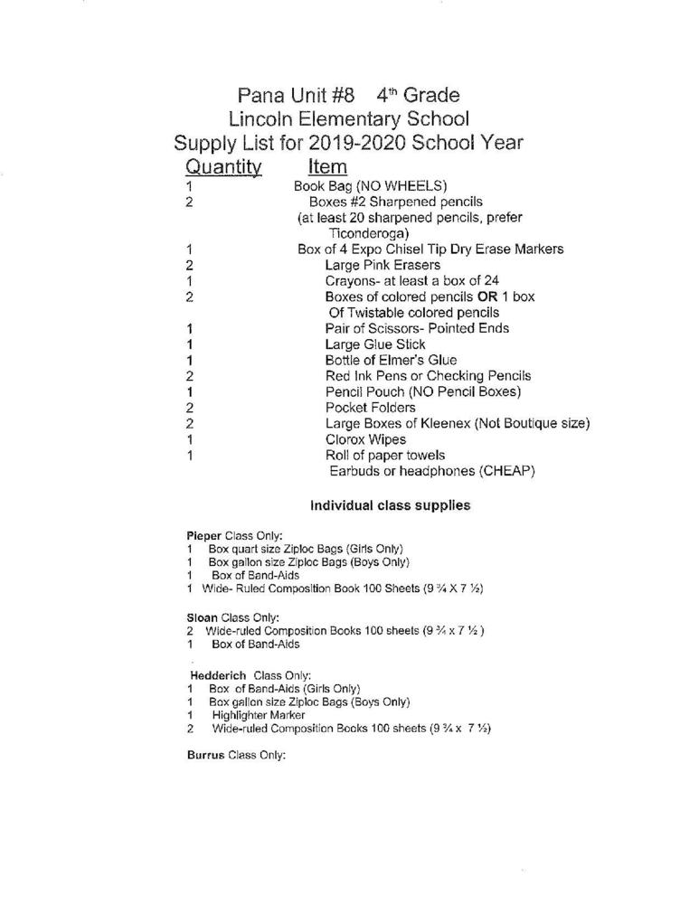 Fourth Grade Supply List 2019-2020
