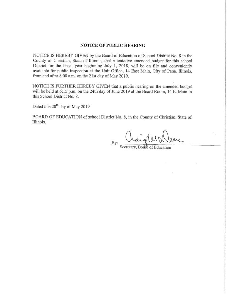 NOTICE of Public Amended Budget Hearing for June 24, 2019