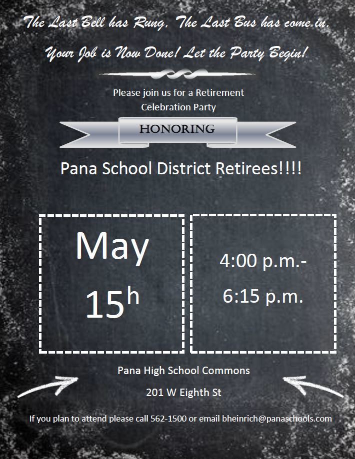 Please join us for a Retirement Reception Monday, May 15, 2023 from 4pm - 5:30pm in the PHS Panther Den for the following Retirees: Janie Schmitz, Ron Brown, Mary Beth Denton, James (Hap) Gullidge, and Debbie Johnston.  Open House - Public Invited!!