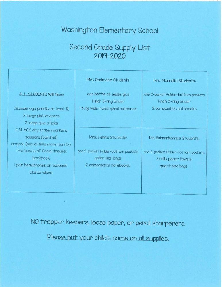 Second Grade Supply List 2019-2020