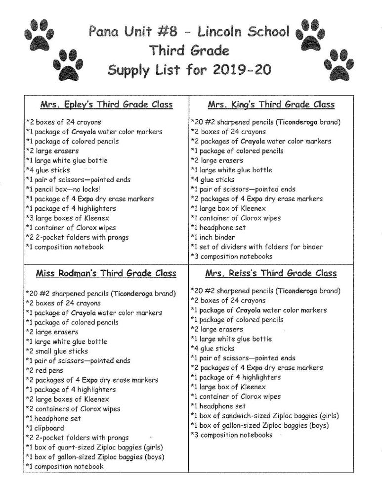 Lincoln - Third Grade Supply List 2019-2020