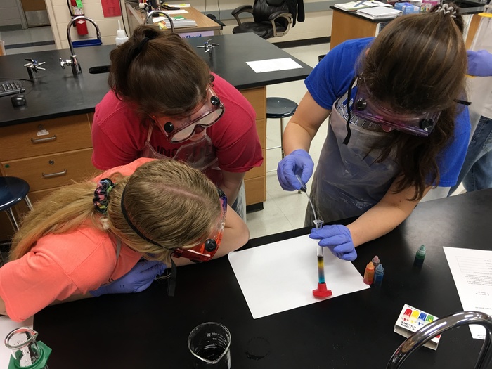 Students carefully add successive layers of sugar water to a graduated cylinder.