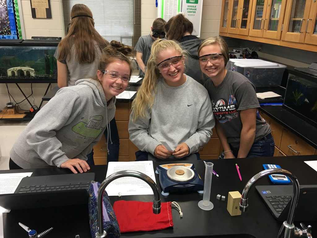 Chemistry students working on a density of regular and irregular objects lab.